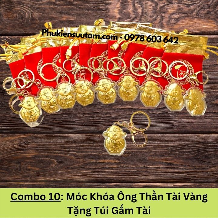 Combo 10 Móc Khóa Ông Thần Tài Vàng Tặng Túi Gấm Tài, kích thước: 4cmx3.5cm, màu vàng - SP005956