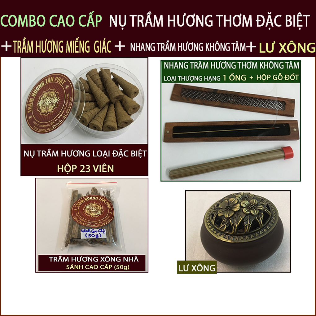 Trầm Hương Xông Nhà, Phòng, Cửa Tiệm thơm Cao Cấp ( ComBo Nụ, Nhang không tăm, Miếng Trầm Hương + Lư Xông)