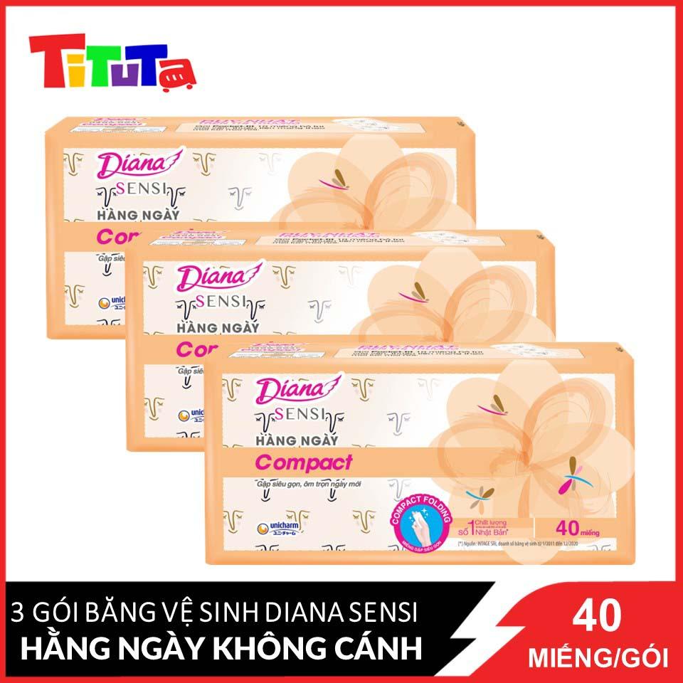 Combo 3 Băng vệ sinh Diana Sensi hàng ngày không cánh Compact 40 miếng/gói x3