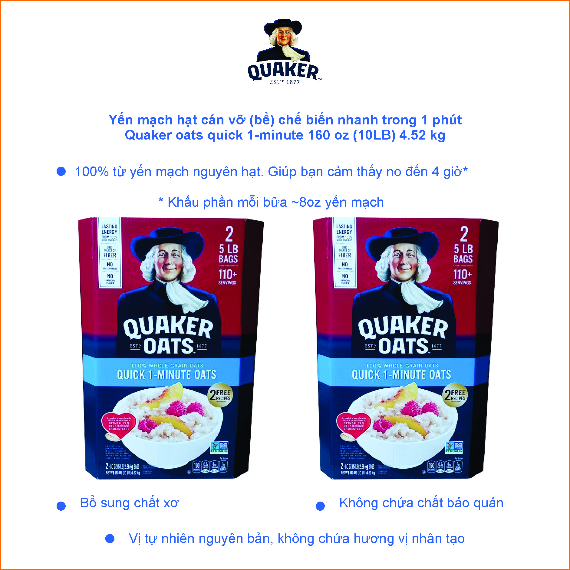 Combo 2 Thùng Yến Mạch Quaker Quick 1-Minute Oats 4.52kg/thùng (Dạng Hạt Cán Vỡ NK Mỹ) 