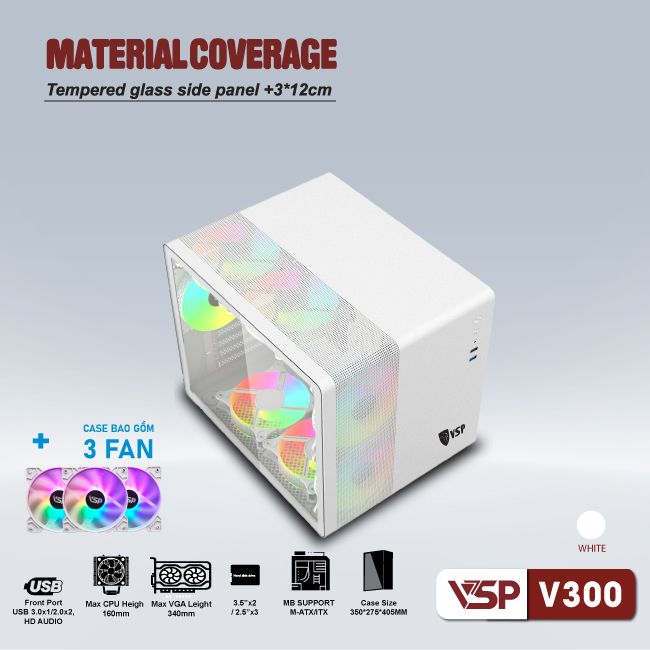 Vỏ máy tính Case VSP V300 sẵn 3 Fan LED ARGB Gaming Kính cường lực - Hàng chính hãng VSP phân phối