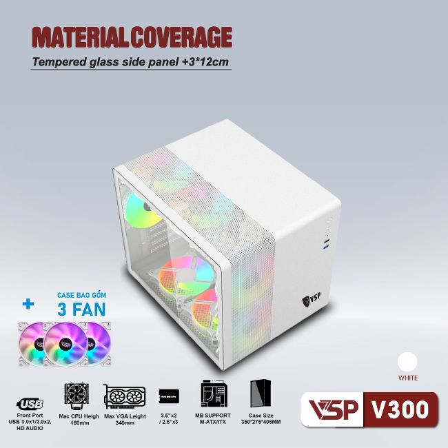 Vỏ máy tính Case VSP V300 [TRẮNG] sẵn 3 Fan LED ARGB Gaming Kính cường lực (M-ATX/ ITX) - Hàng chính hãng VSP phân phối