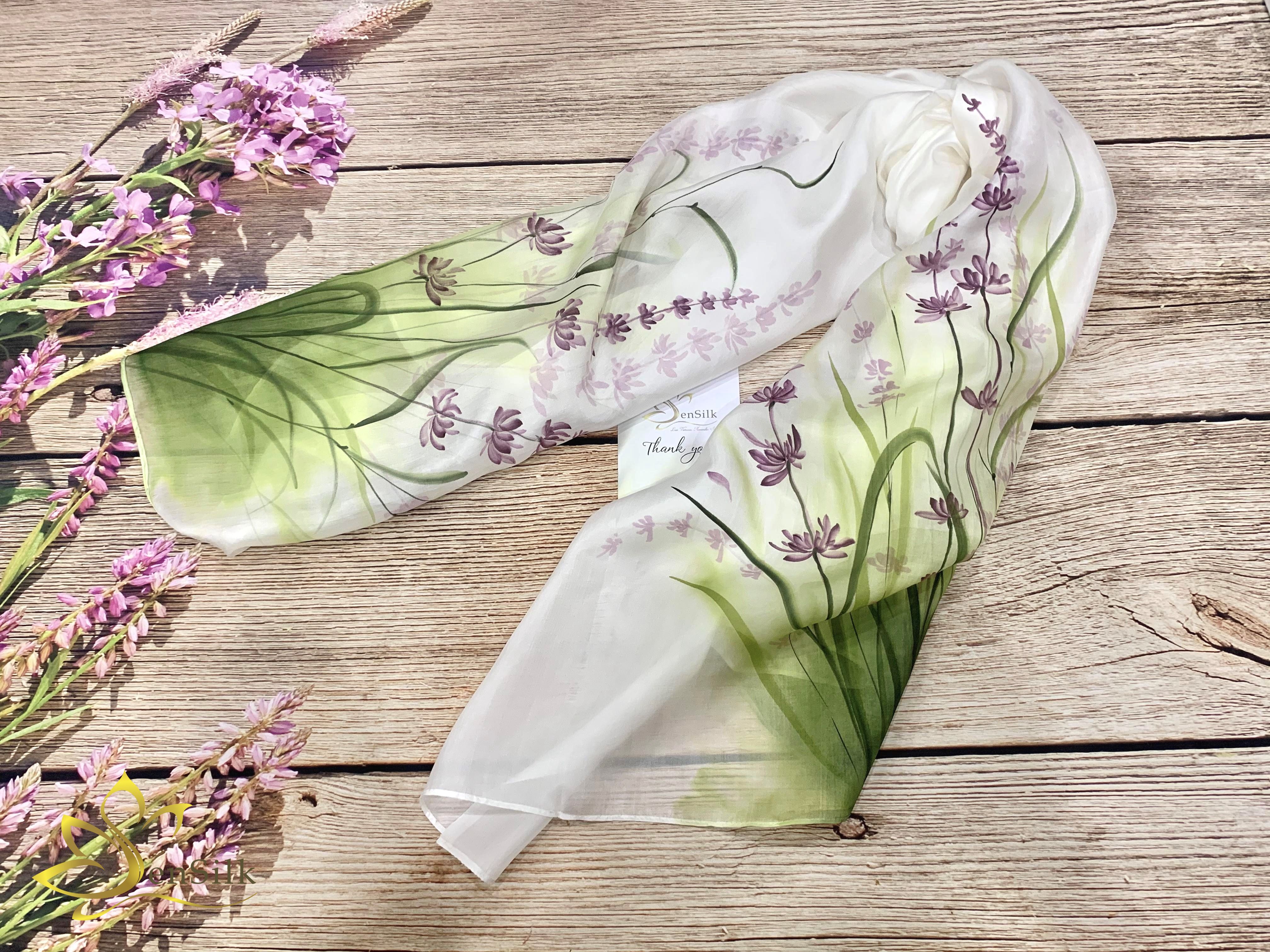 Hand Painted Silk Scarf - Khăn Lụa Cao Cấp Vẽ Tay Hoa Oải Hương SenSilk 160x55cm, Quà Việt Nam Tặng Khách Nước Ngoài