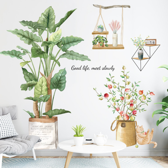 Decal trang trí tường - Cây lựu đỏ và chú mèo