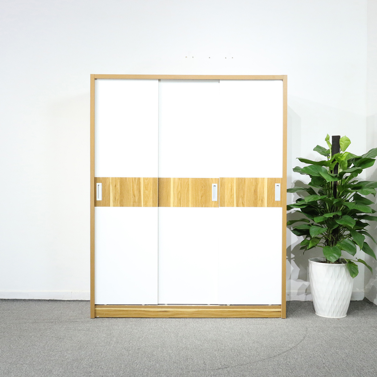 Tủ Áo 3 Cánh Cửa Lùa Gỗ MDF Melamine Màu Sọc Vàng Cánh Trắng Đẹp Giá Rẻ