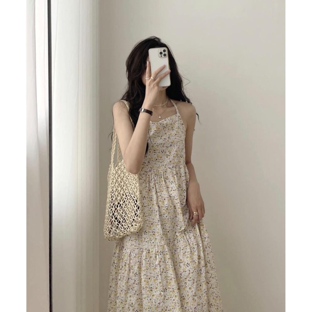 Váy 2 Dây Hoa Nhí Vàng Nữ, Đầm Bánh Bèo Dáng Suông, Váy Hoa Vintage Màu VÀNG