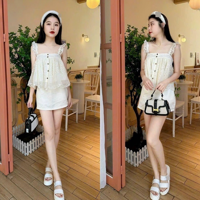 ĐẦM MIDI SET ÁO REN 2 DÂY CÁNH TIÊN RỘNG + CHÂN VÁY NGẮN CHỮ A SATIN SUÔNG TRƠN ĐI TIỆC ĐI CHƠI ĐI BIỂN DẠO PHỐ