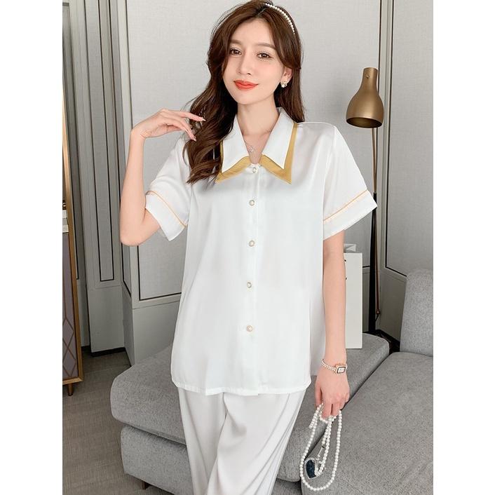 Đồ Bộ Ngủ - Pijama Áo Ngắn Quần Dài Vải Lụa Cao Cấp Màu Trơn Cổ Áo Cách Điệu Viền Ren Đẹp CDLP11