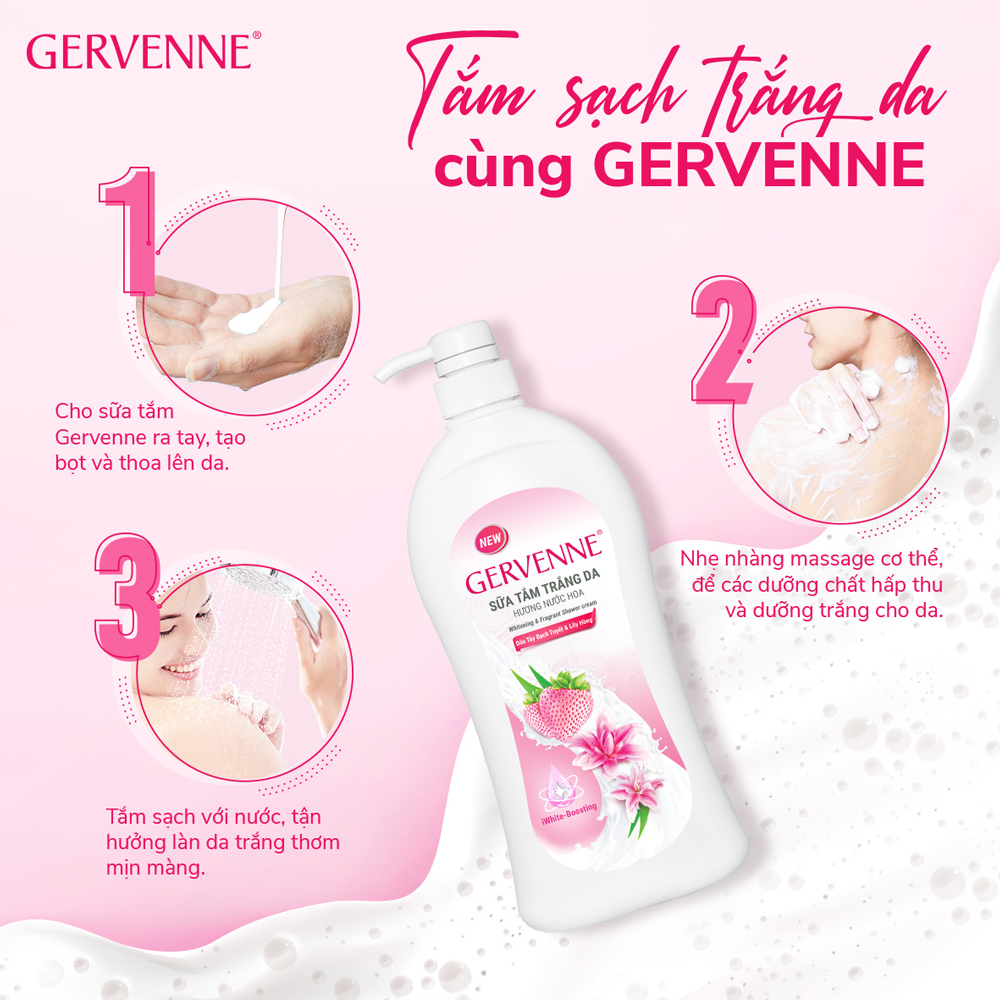 Combo 2 Sữa tắm trắng da hương nước hoa Gervenne Dâu Tây Bạch Tuyết và Lily Hồng 1.2L/chai