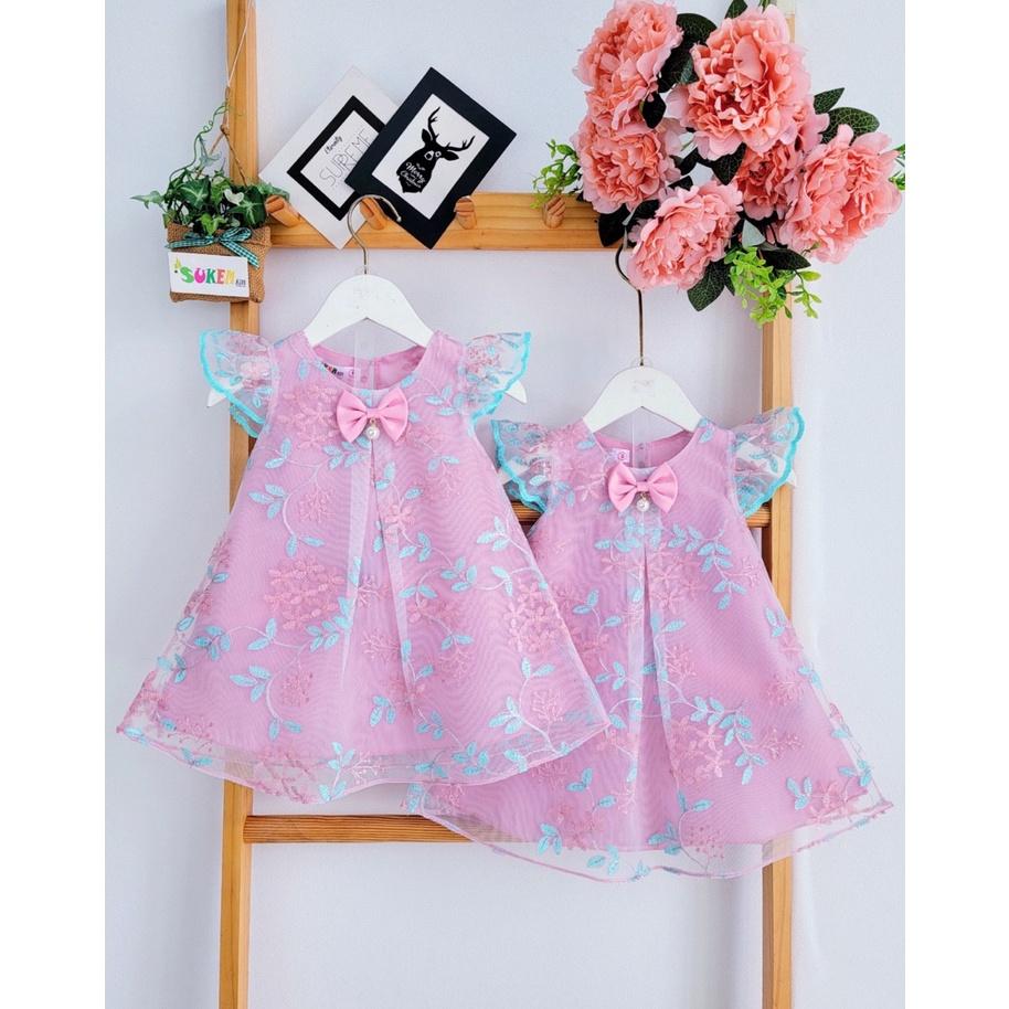 Đầm công chúa thêu hoa cho bé gái dự tiệc diện tết đẹp size 12-35kg hàng thiết kế cao cấp