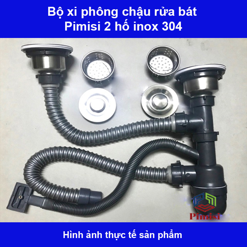 Bộ xi phông chậu rửa bát 2 hố phi 110 inox 304 Pimisi dùng để xả nước chậu rửa chén 2 hộc - có đầu thoát tràn | Hàng chính hãng