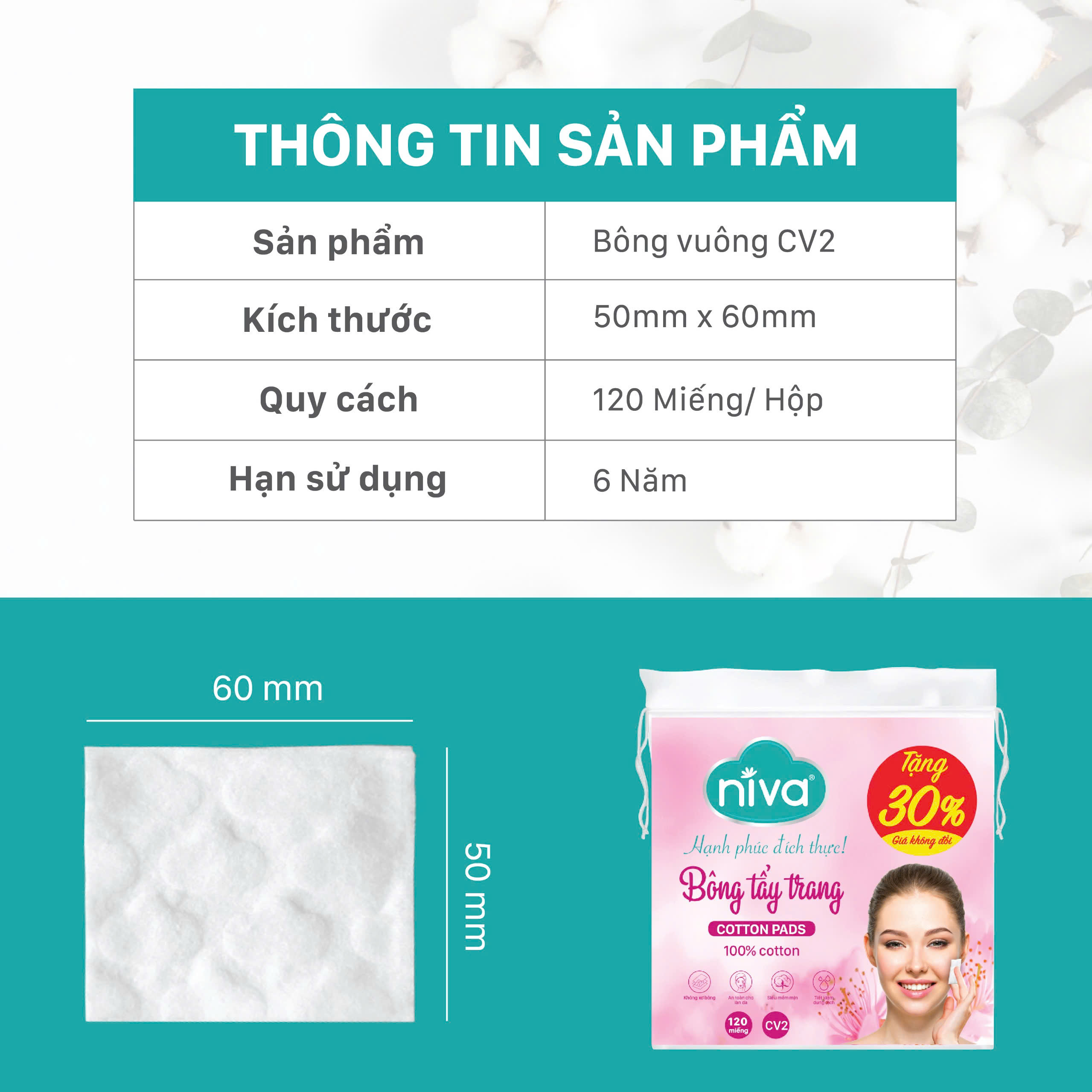 Túi 120 Miếng Bông Tẩy Trang Vuông NIVA Cotton Pads Cao Cấp CV2 Bông Thiên Nhiên Thuần Khiết