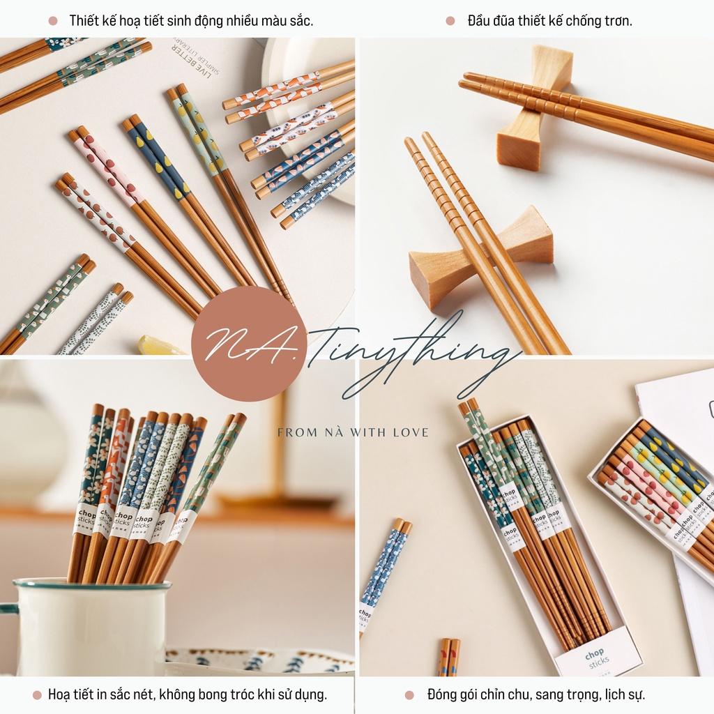 Bộ 8 đôi đũa gỗ tre tự nhiên Nhật Bản hoạ tiết Vintage - NA0058