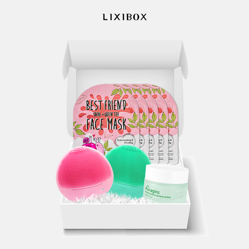 Beauty Box Couple - Bộ Đôi Làm Sạch (Combo Máy rửa mặt Halio Sensitive Mint &amp; Pink, Mặt nạ đất sét Auragins, 5 mặt nạ)