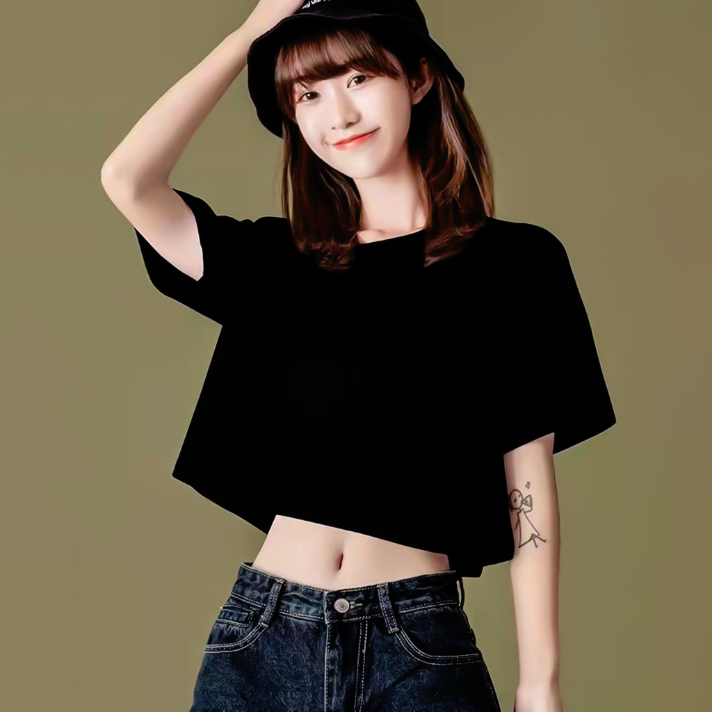 Áo thun croptop cổ tròn ngắn tay nữ ôm body, Croptop Nữ cổ tròn trơn