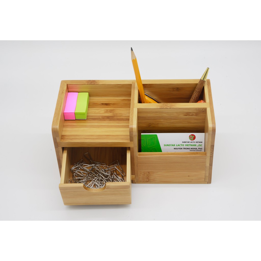 Kệ bút bằng Tre để bàn đựng đồ văn phòng phẩm (Bamboo mini office).+ Tặng 2 ống hút Tre