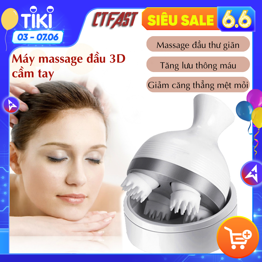 Máy massage đầu 3D đa năng CTFAST 01: Dụng cụ mát xa mini thư giãn da đầu hỗ trợ tăng lưu thông khí huyết giảm căng thẳng mệt mỏi, mất ngủ, suy giảm trí nhớ, 4 đầu massage phù hợp với cả người tóc yếu, pin sạc tiện dụng