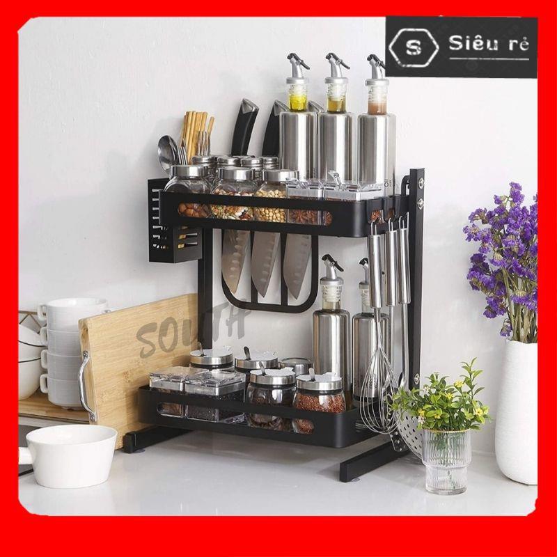 Kệ gia vị đa năng INOX phủ sơn tĩnh điện Đen KGV-007, kệ bếp cao cấp 2 Tầng loại dày