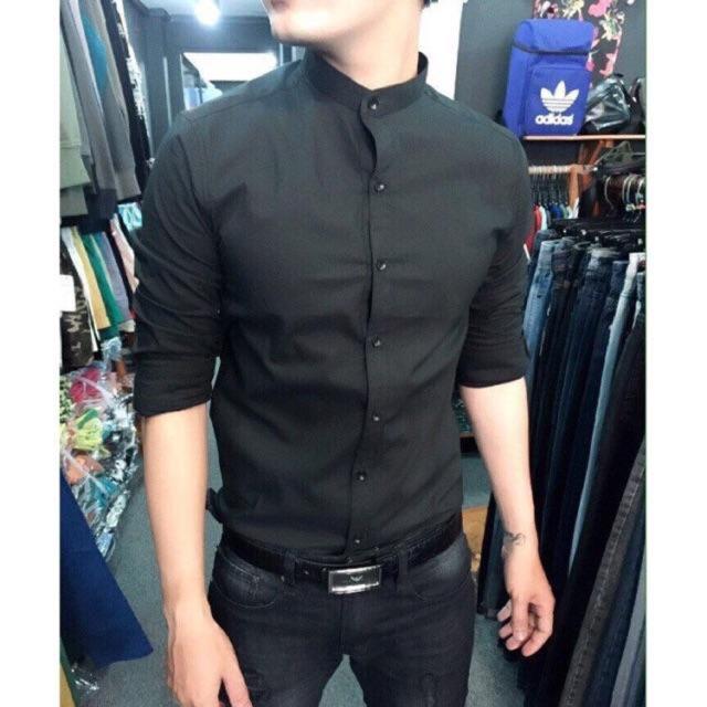 Sơ Mi nam dài tay Cổ Tàu Màu Đen