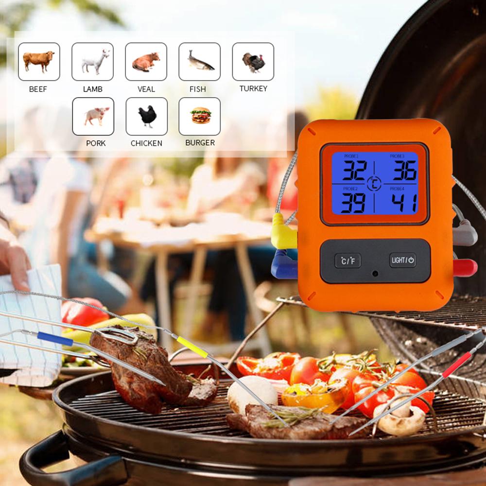 Nhiệt kế Màn hình nền LCD không dây với 4 đầu dò 100 mét có đèn nền