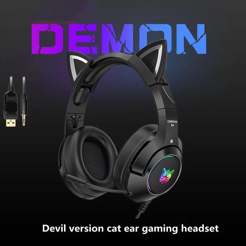 Mới K9 Đen Quỷ Phiên Bản Mèo Tai Cô Gái Tai Nghe Chơi Game RGB Dạ Quang Điện Thoại Di Động Máy Tính Giảm Tiếng Ồn Có Mic