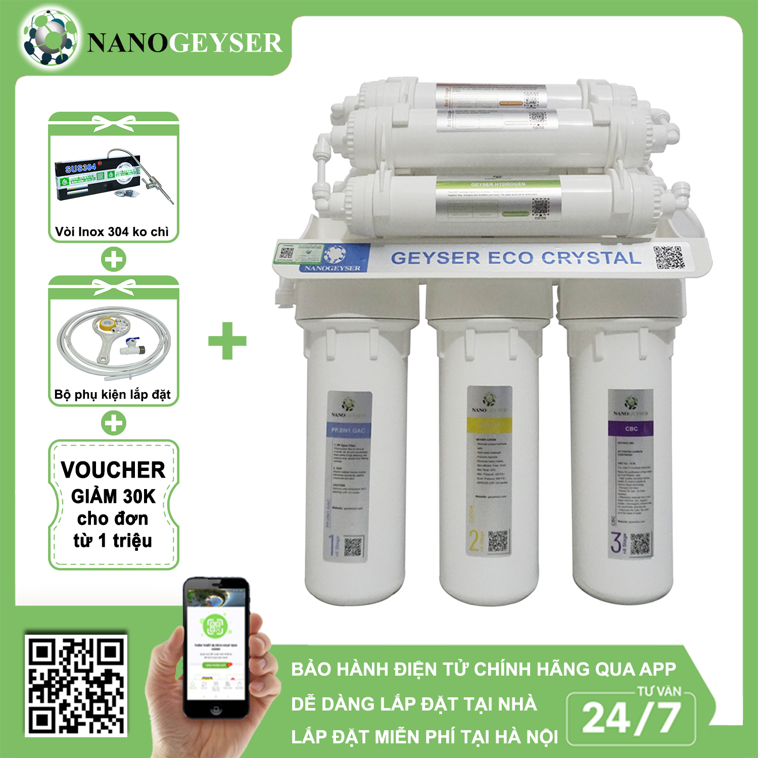 Máy lọc nước Nano Geyser ECO CRYSTAL 8 cấp công nghệ lọc UF - Hàng Chính Hãng