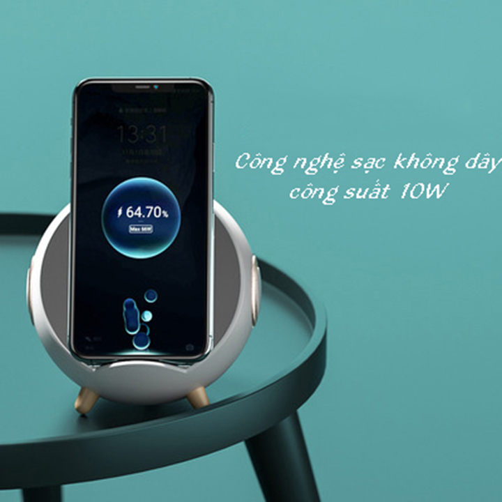 Sạc nhanh không dây cho điện thoại công suất 10W tích hợp loa Bluetooth, đồng hồ để bàn, báo thức, đàm thoại, kết nối thẻ nhớ TF, USB