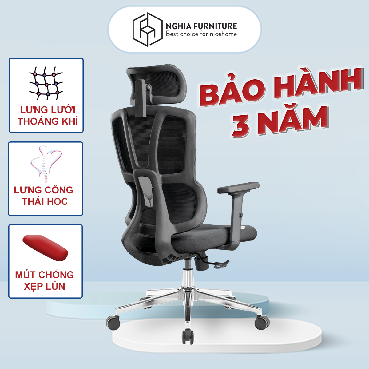 Ghế công thái học Nghia Furniture JOY - H, Tải trọng ghế 120kg, lưng lưới thoáng khí, ngả ghế 120 độ