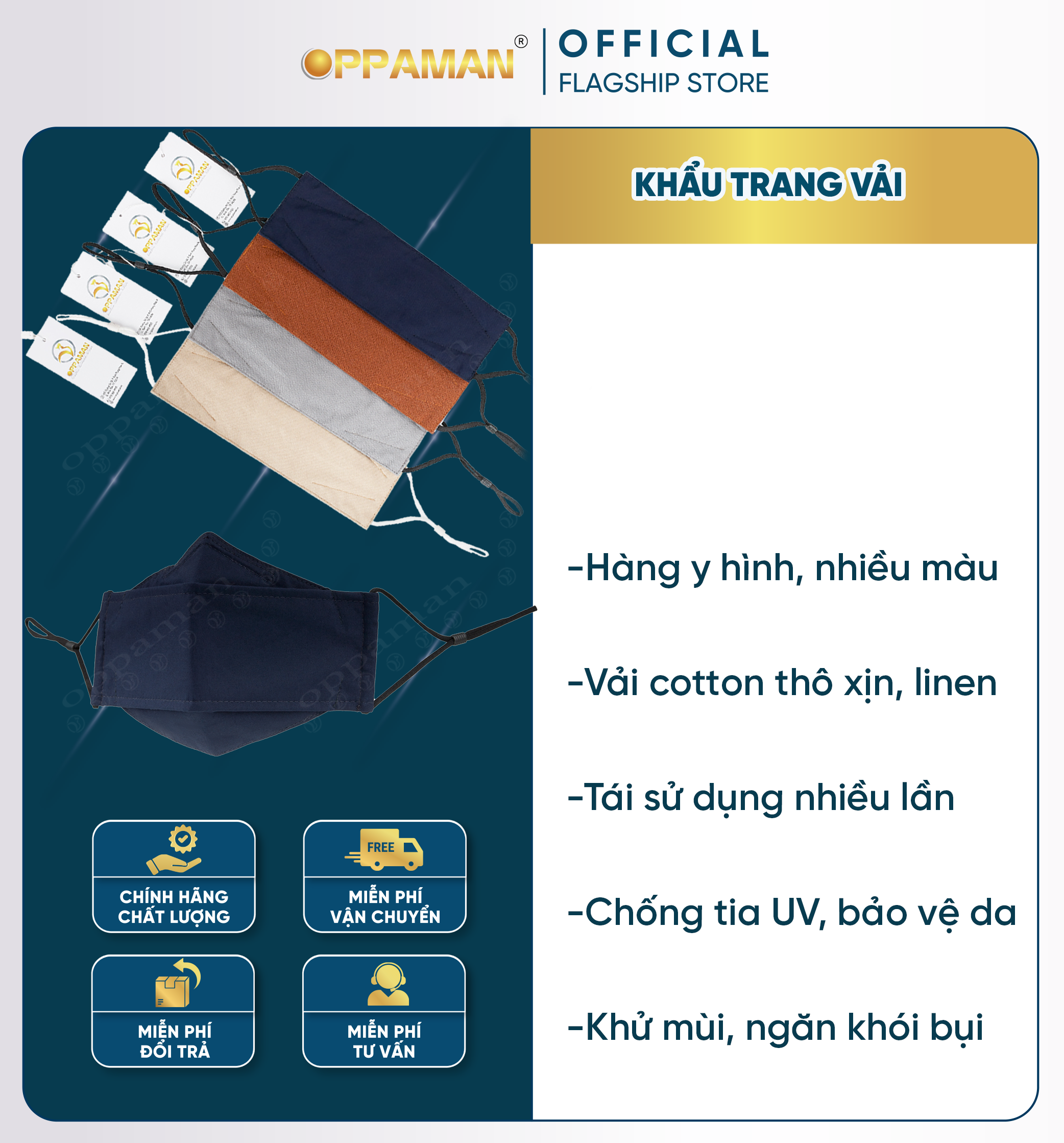 Khẩu trang vải nam nữ Oppaman trơn cotton kiểu kf94 OKT6 xanh đen