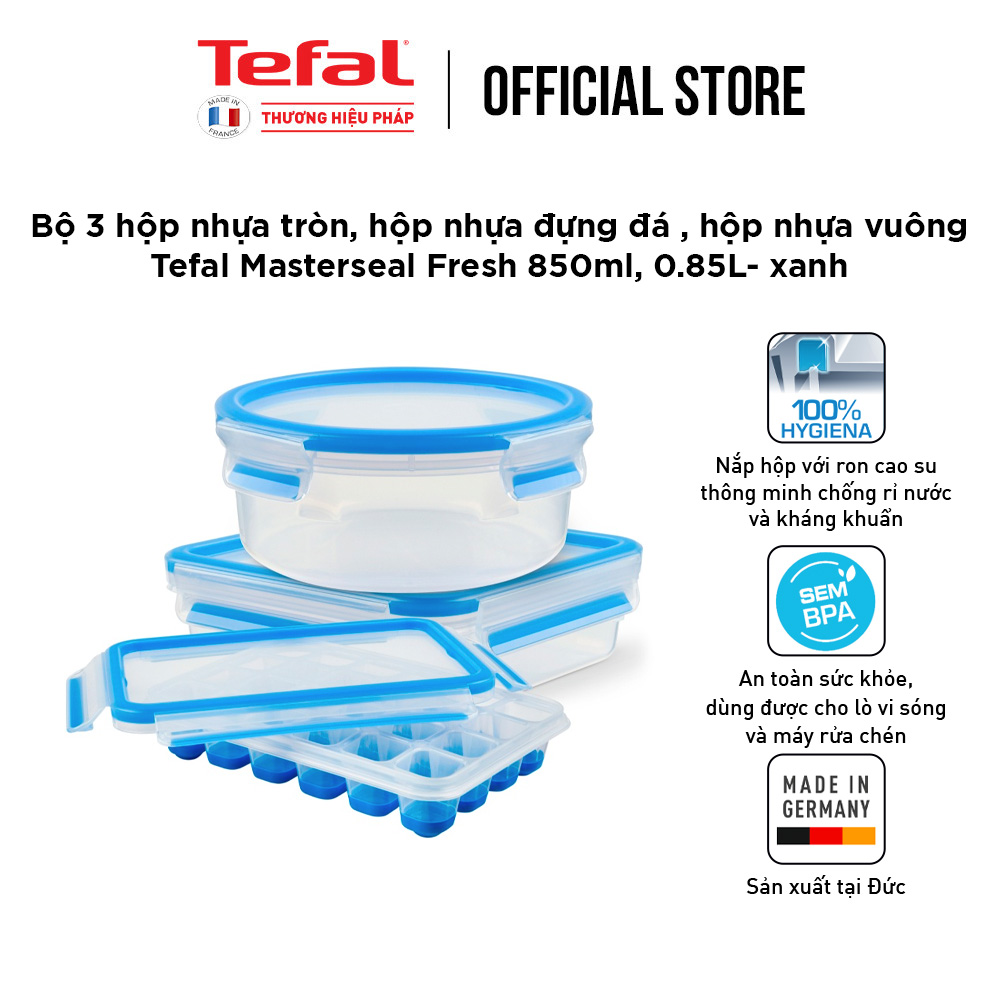 Bộ 3 hộp nhựa tròn, hộp nhựa đựng đá , hộp nhựa vuông Tefal Masterseal Fresh 850ml, 0.85L-BO3PLA9