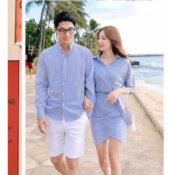Set Áo váy đôi sơ mi CoupleTina đi biển xanh trơn mềm mịn cao cấp