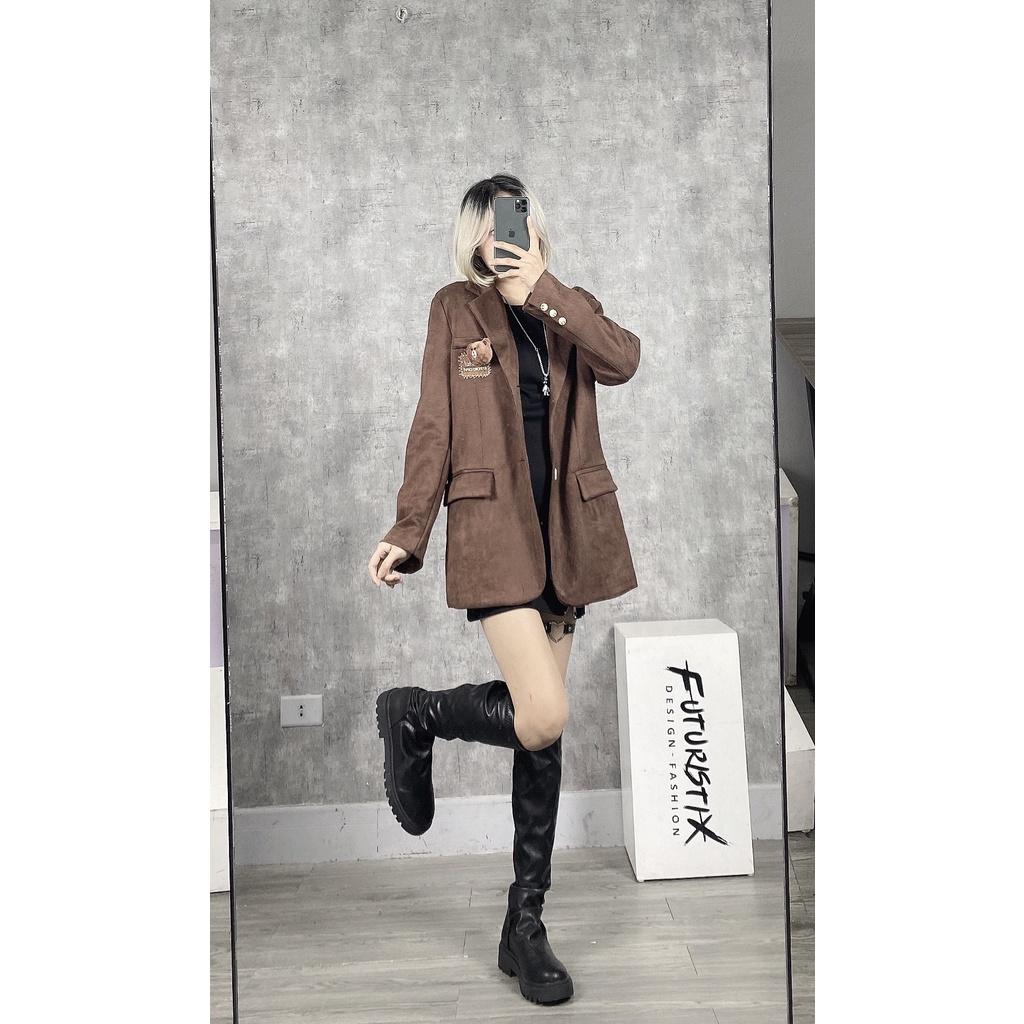Áo Vest Nâu Phối Gấu Teddy Siêu Xinh, Áo Blazer Da Lộn Tặng Kèm Gấu Teddy AK165