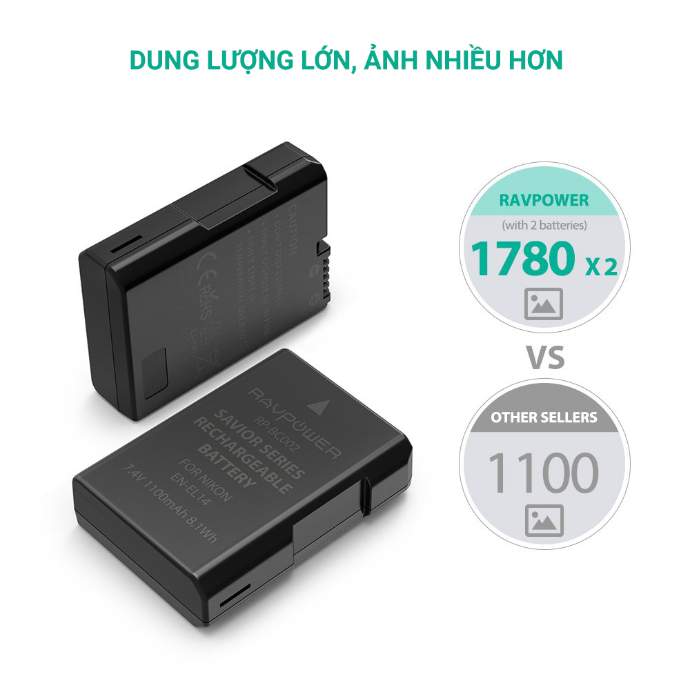 Bộ 2 Pin + 1 Sạc đôi Ravpower EN-EL14 Cho NikoN D3100, D3200, D3300, D3400, D5100, D5200, D5300, D5500, D5600 Coolpix P7000, P7100, P7200, P7700, P7800, P8000 và Nikon DF