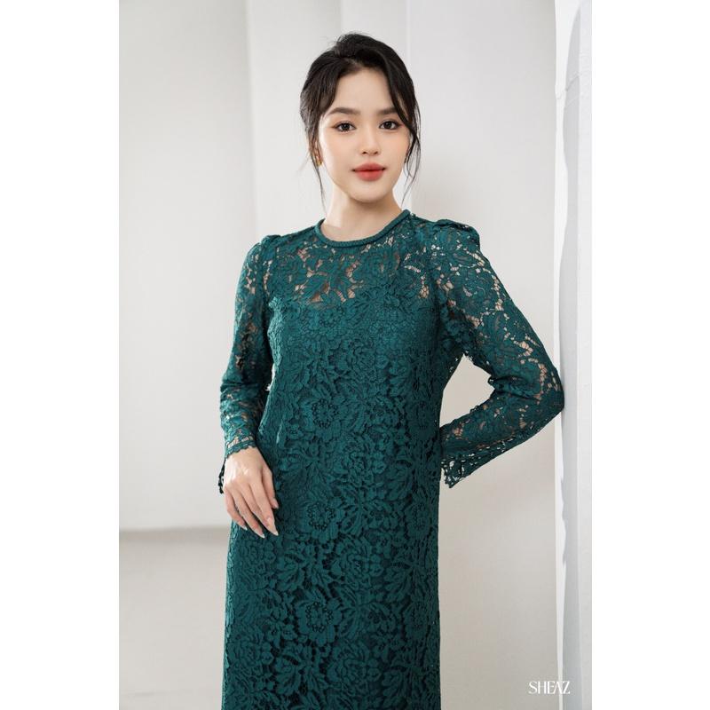 SHEAZ Đầm ren xanh công sở Hàn Quốc dáng suông cổ tròn tay dài