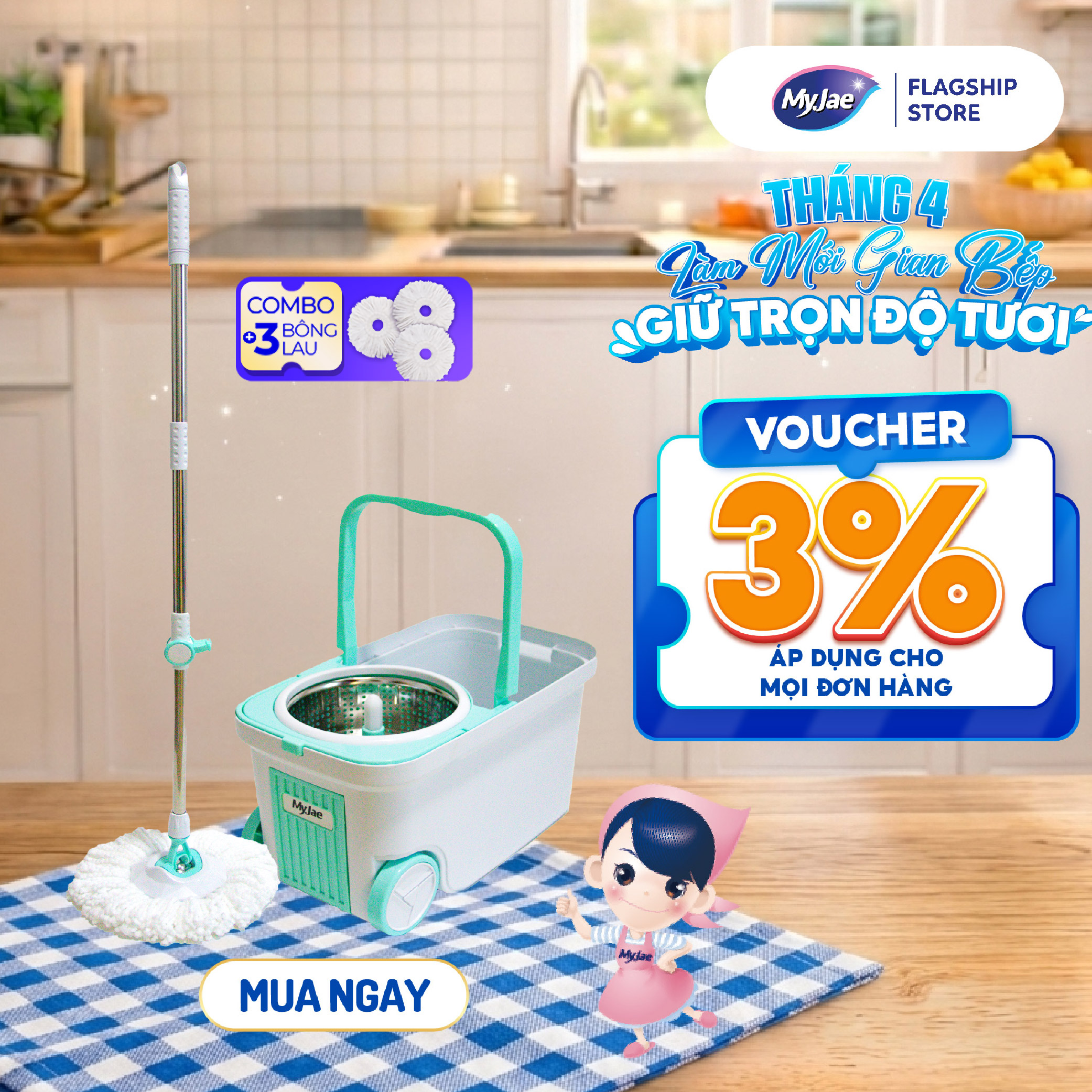 Combo 3 Bông Lau  1 Bộ Lau Nhà MyJae Đài Loan Sợi Microfiber Xoay Siêu Tốc 360 Độ Thông Minh 129.5cm