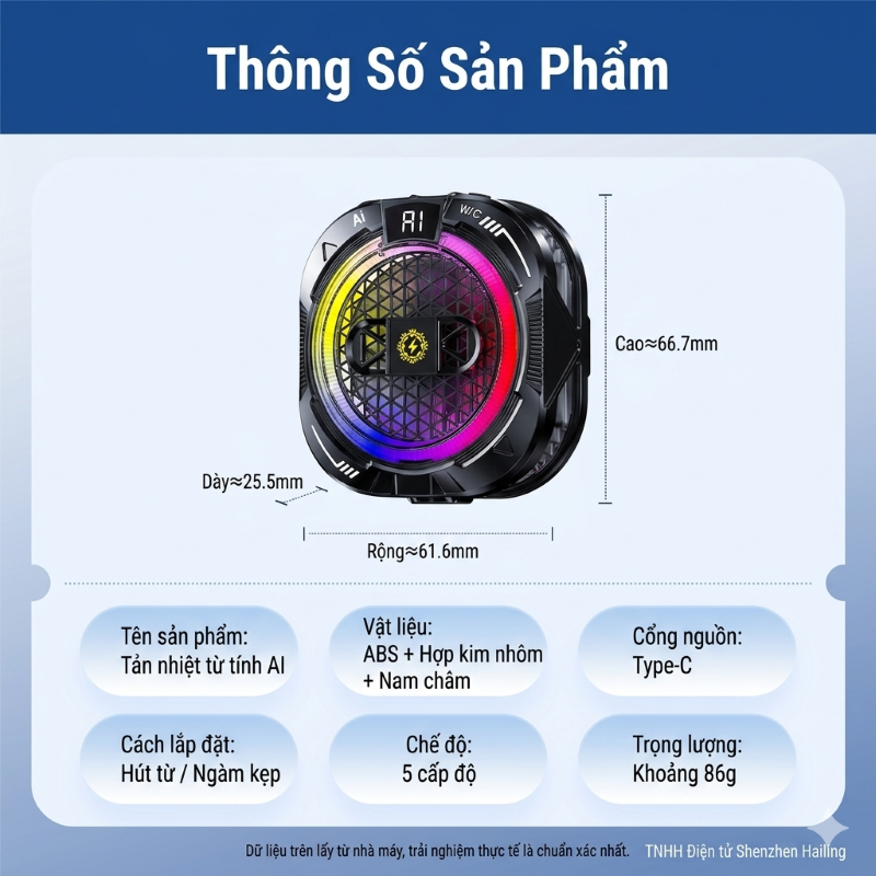 Tản nhiệt sò lạnh Led TH19 Ai Gaming siêu mát có hiển thị nhiệt độ cho điện thoại