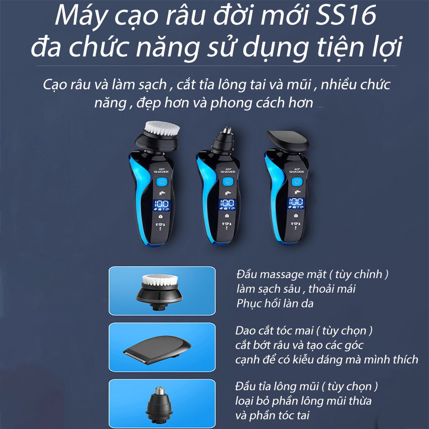 Máy cạo râu sạc điện SeaSy SS16 đa năng Cao Cấp 4 trong 1 thiết kế 3 lưỡi kép dành cho nam giới - Hàng Chính Hãng