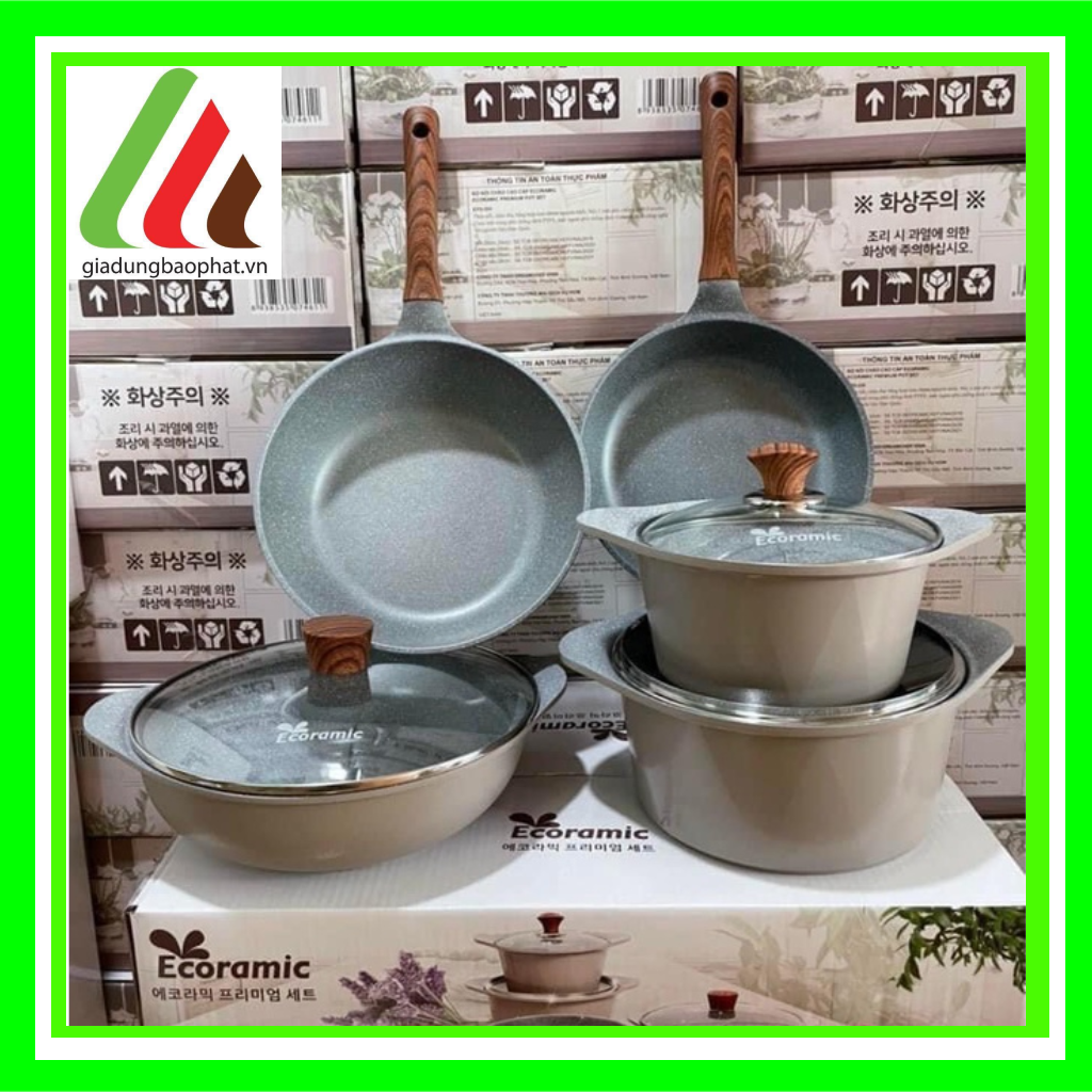 Bộ nồi chảo đúc đáy từ vân đá ecoramic Hàn Quốc cao cấp chính hãng 5 món kèm chảo đá nướng cao cấp 33cm