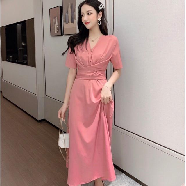 Đầm váy hồng ruốc form dài chéo eo (kèm hình thật)
