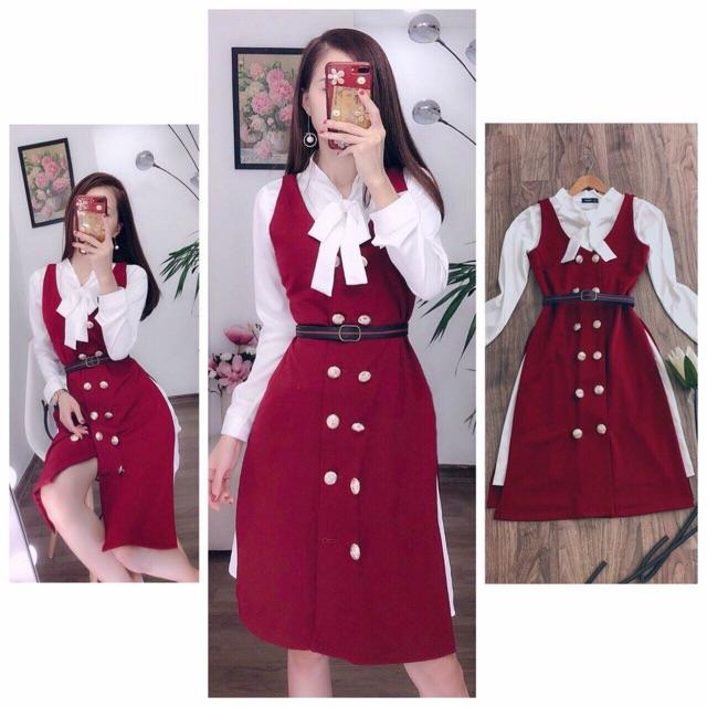 Set yếm khuy phối váy lụa tầm nơ cổ siêu sale