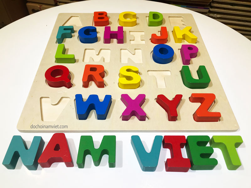 Bảng chữ Tiếng Anh in gỗ nổi size lớn, bộ chữ tiếng anh nhận dạng ráp ô cho trẻ ghi nhớ bảng chữ cái alphabet chữ lớn dễ cầm nắm