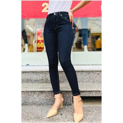 Quần Jeans Nữ Xanh Đậm Trơn Lưng Cao