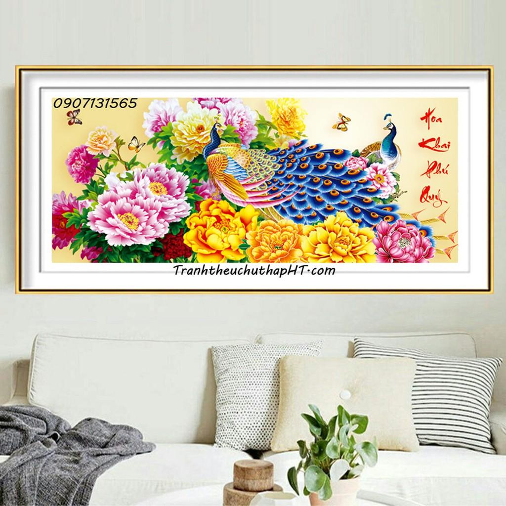 Tranh thêu chữ thập chim công hoa mẫu đơn Hoa khai phú quý LV3063 - size: 88*43cm (tự thêu)