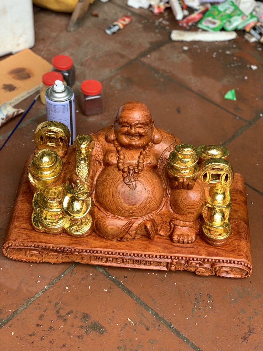 Tượng phật di lặc dâng tiền vàng ,bằng gỗ hương đá  kt 40×23×22cm