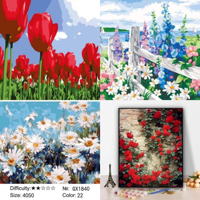 Tranh tô màu theo số Tranh sơn dầu số hoá hình hoa size 40*50cm kèm khung