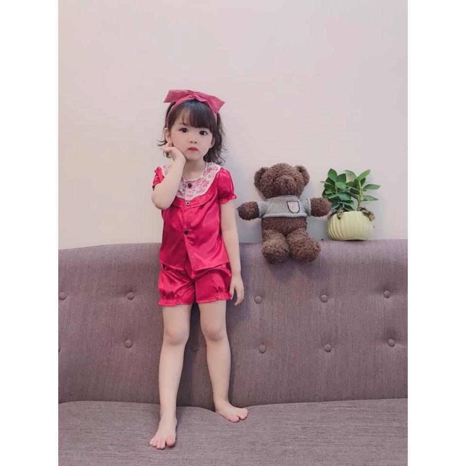 Bộ ngủ Pijama phi lụa cổ ren cho bé gái từ 8kg đến 25kg