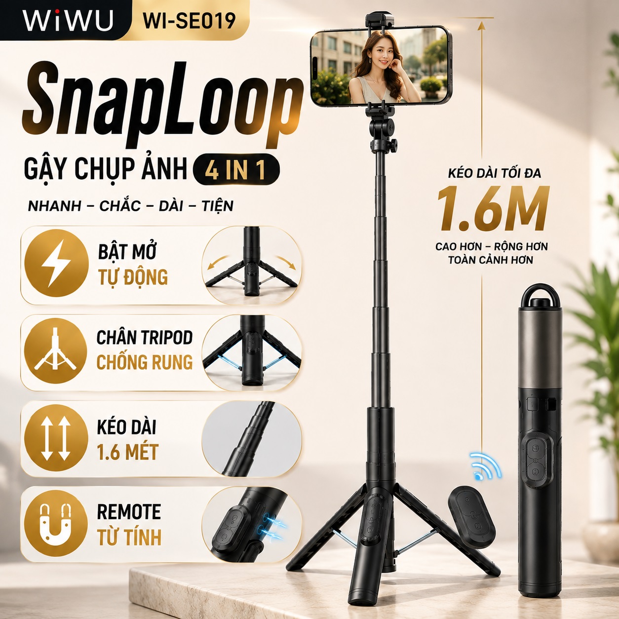 Gậy Chụp Ảnh Selfie Xoay 360 độ chống rung hiệu WIWU WI-SE019 SnapLoop 4in1 Tripod Bluetooth – Bung Tripod 1 Chạm – Kéo Dài 1.6M – Remote Từ Tính - Cho iPhone Samsung Oppo Huawei - Z Fold - Z Flip - Hàng nhập khẩu
