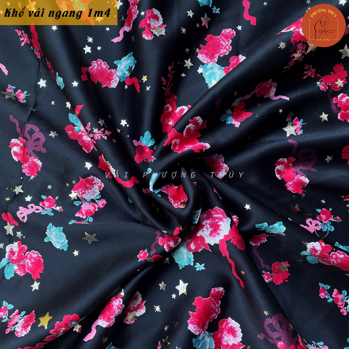 Vải lụa Satin PHƯỢNG THÚY in họa tiết, vải may đồ, may đồ bộ đầm váy và Pijama co giãn may không cần lót