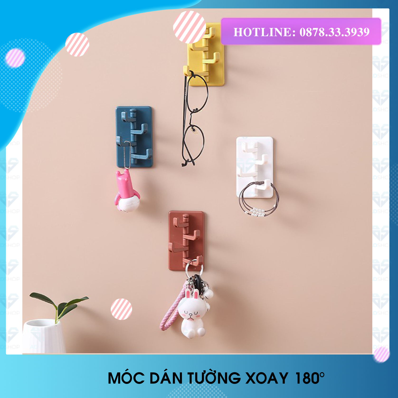 MÓC TREO ĐA NĂNG, MÓC DÁN TƯỜNG 4 NHÁNH TREO ĐỒ DÙNG TRONG NHÀ BẾP/NHÀ TẮM CÓ MÓC XOAY TIỆN LỢI CHẮC CHẮN