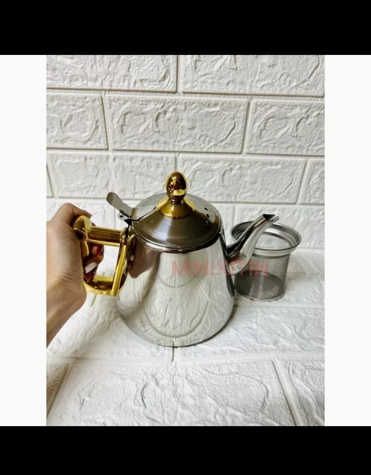 Bình trà inox có lọc quai vàng